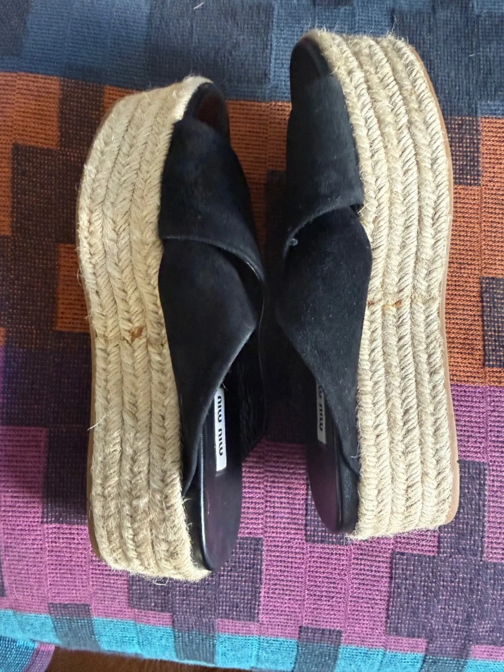 Miu Miu Black Suede CrissCross Espadrille Platform Slides